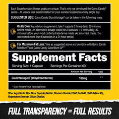 Gains Candy ingredient label featuring GlucoVantage DHB for carb management benefits.