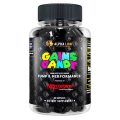 ALPHA LION Gains Candy nitrosigine bottle boosts pumps and focus.