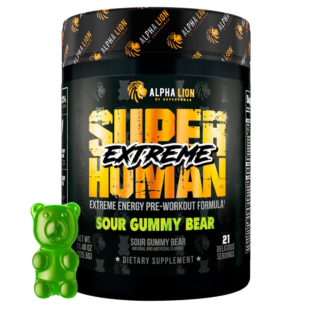 ALPHA LION Superhuman Extreme Sour Gummy Bear label emphasizes energy potential.