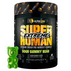 ALPHA LION Superhuman Extreme Sour Gummy Bear label emphasizes energy potential.