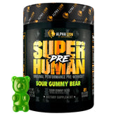 ALPHA LION Superhuman Pre Workout bottle shows bold Sour Gummy Bear flavor and energy potential