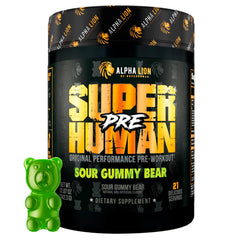 ALPHA LION Superhuman Pre Workout bottle shows bold Sour Gummy Bear flavor and energy potential