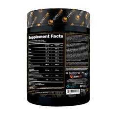 ALPHA LION Pre Workout tub back with ingredient highlights for focus and pump.