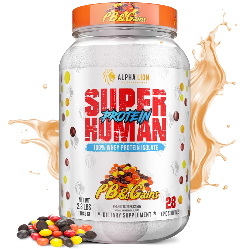 ALPHA LION Superhuman Whey Protein Powder packaging showing premium formula and muscle support.