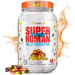 ALPHA LION Superhuman Whey Protein Powder packaging showing premium formula and muscle support.