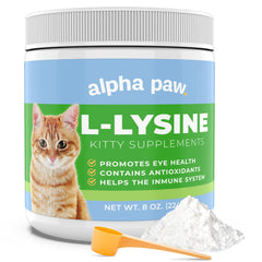 Alpha Paw cat lysine supplement bottle for easy daily immune support.