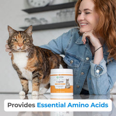 Alpha Paw lysine powder being dispensed onto cat food for easy mixing.
