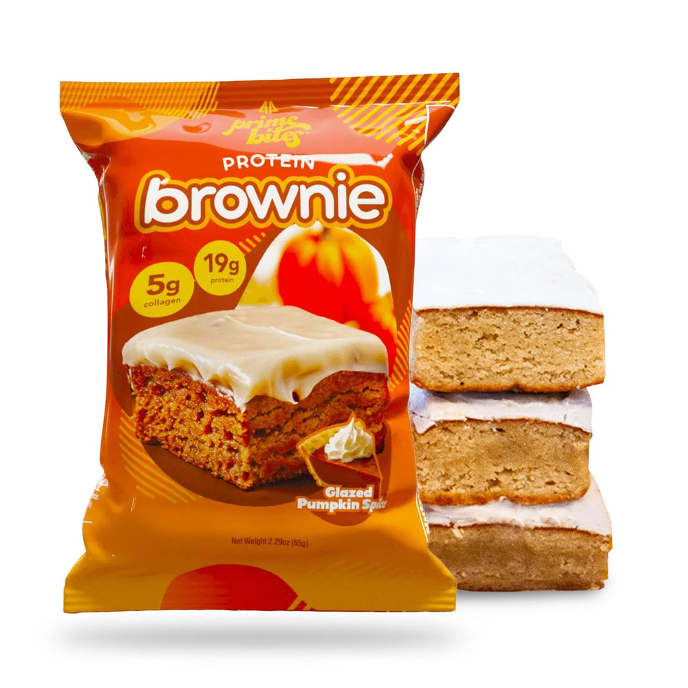 Alpha Prime Prime Bites Brownie glazed pumpkin spice front view, high-protein snack for on-the-go.