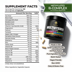 Alpha Tribe men's multivitamin bottle back with nutrition facts and USA GMP badge.