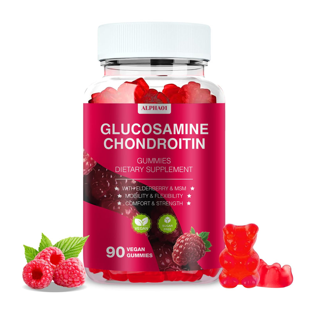 ALPHA01 Glucosamine Chondroitin Gummies raspberry bottle showing tasty joint support.