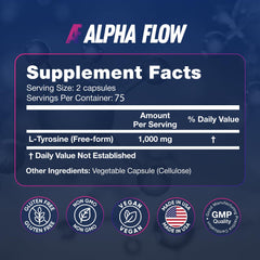 Alpha Flow L-Tyrosine ingredients panel emphasizes GMO-free formula.