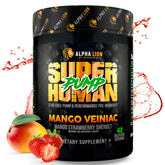 ALPHA LION Superhuman Pump bottle front showing Mango Veiniac flavor for gym-ready energy.