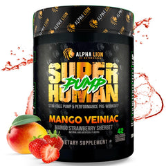 ALPHA LION Superhuman Pump bottle front showing Mango Veiniac flavor for gym-ready energy.