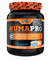 ALR Humapro blue raspberry bottle viewed from the side for lean muscle support after workouts
