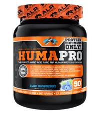 ALR Humapro blue raspberry bottle viewed from the side for lean muscle support after workouts