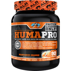 ALR Humapro Mandarin Orange bottle on display, emphasizing the vegan amino acid matrix for lean muscle.