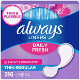 Always Daily Fresh Thin Liners box front shows slim discreet daily protection.