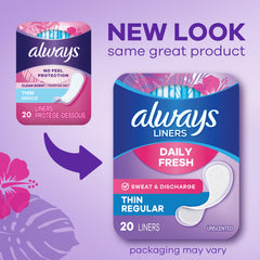 Always Daily Fresh Thin Liners pack inside view highlights portable on the go freshness.