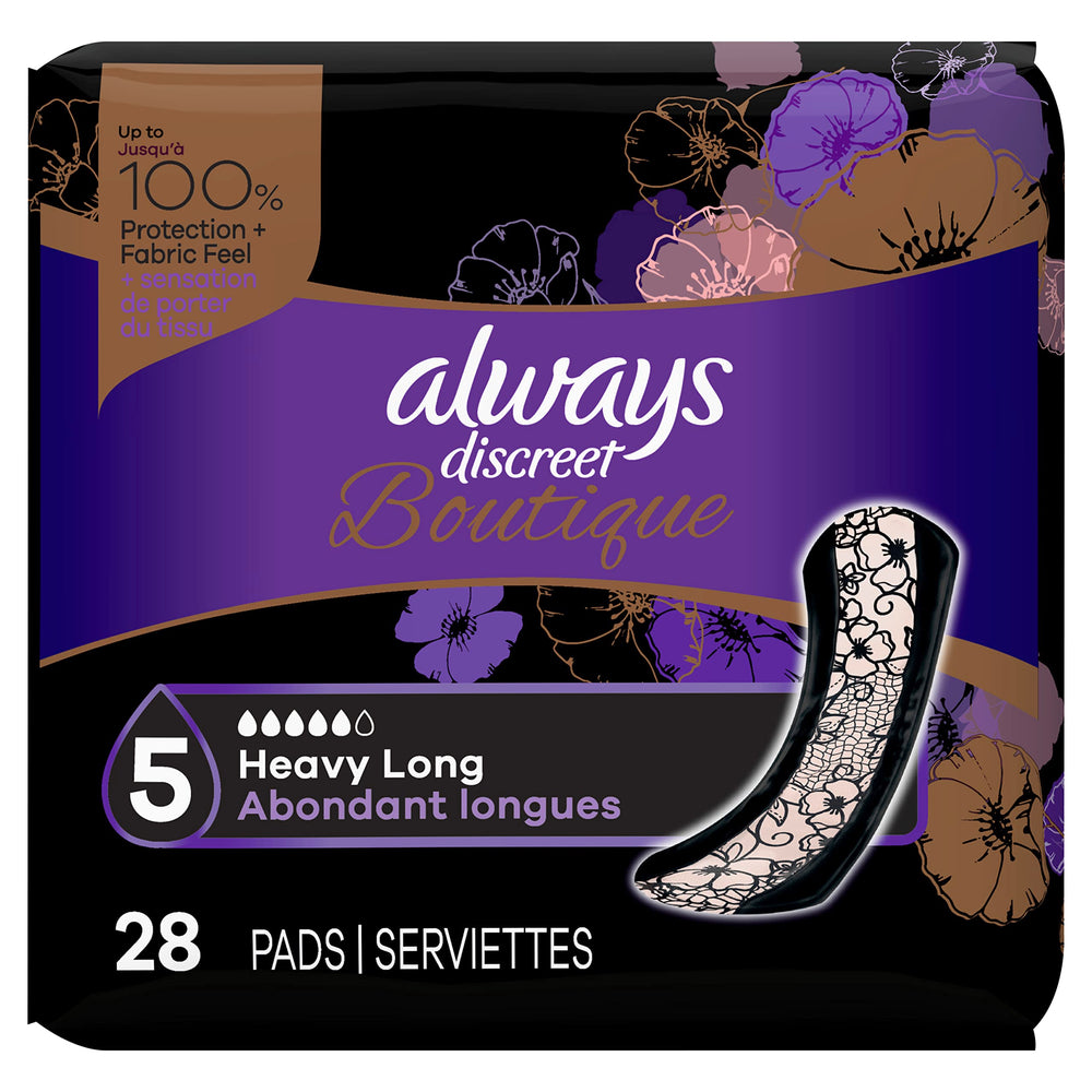 Always Discreet Boutique long pad 28-pack offers long-lasting protection for daily wear.