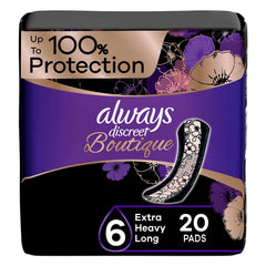 Always Discreet Boutique pads packaging shows long 20-count box for all-day protection.