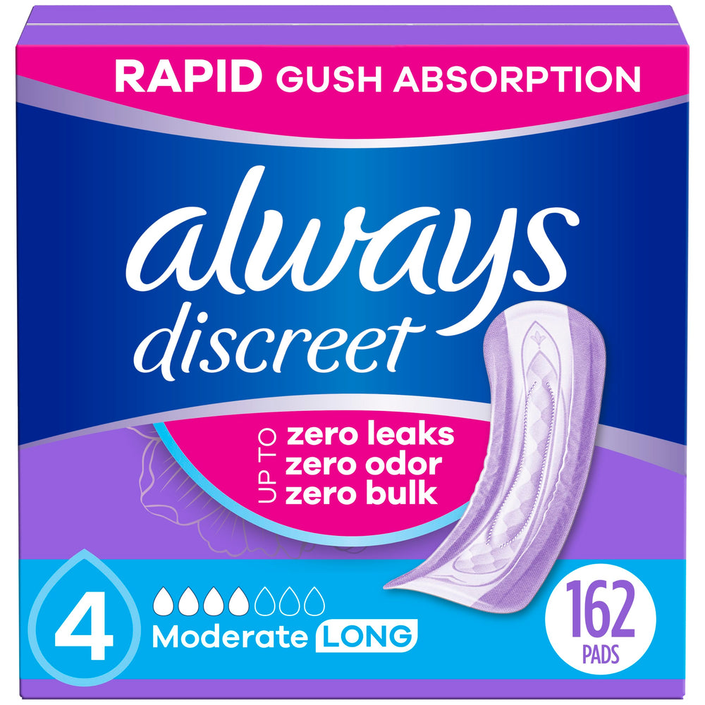 Always Discreet bulk-pack pads provide reliable protection for busy days in a discreet, comfortable profile.