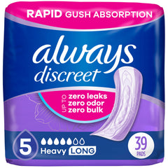 Always Discreet heavy absorbency pad shown for daily bladder protection and comfort