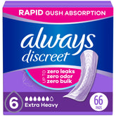 Always Discreet 66-count box shown for reliable bladder leak protection all day