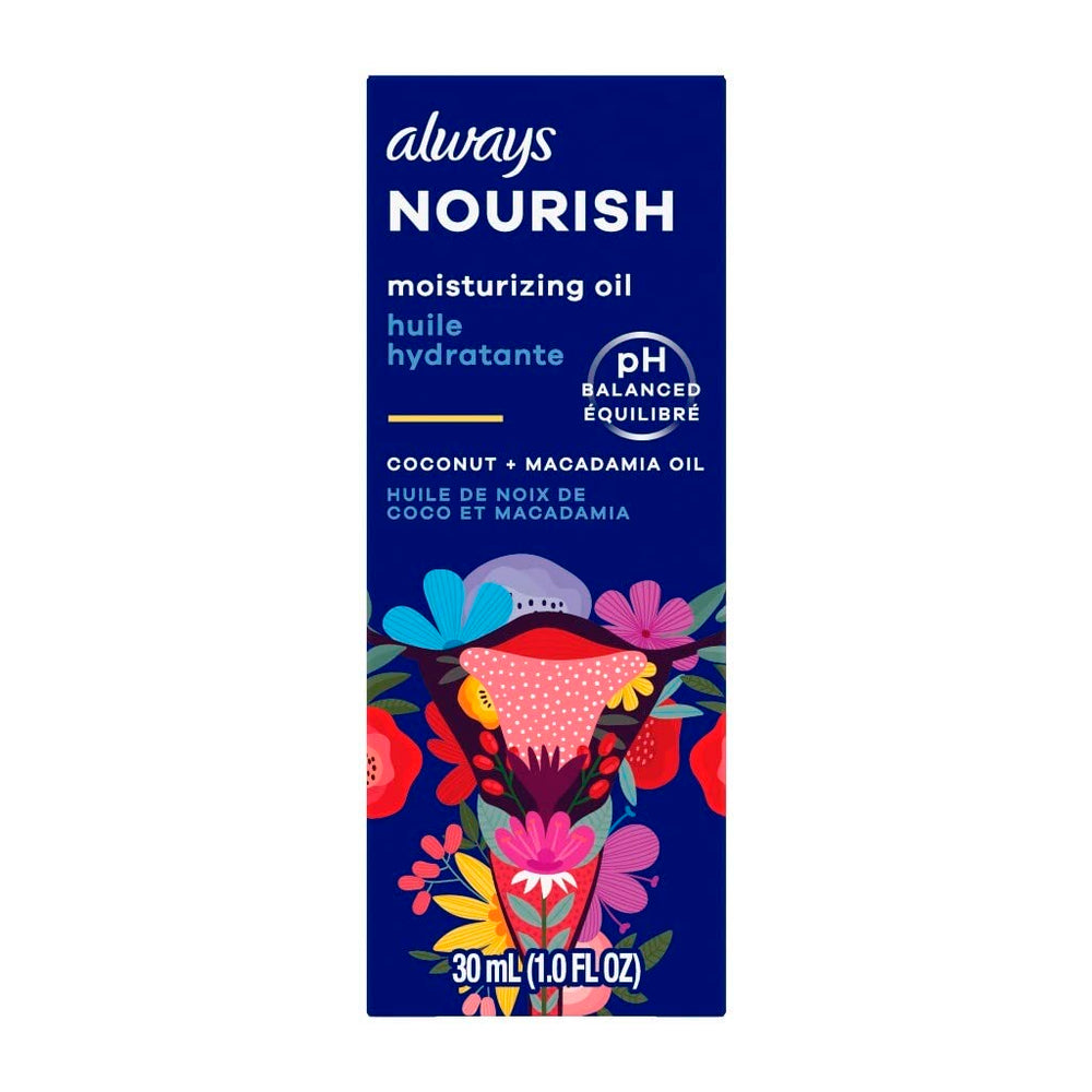 Always Nourish Moisturizing Oil bottle close-up highlighting fragrance-free hydration for intimate skin