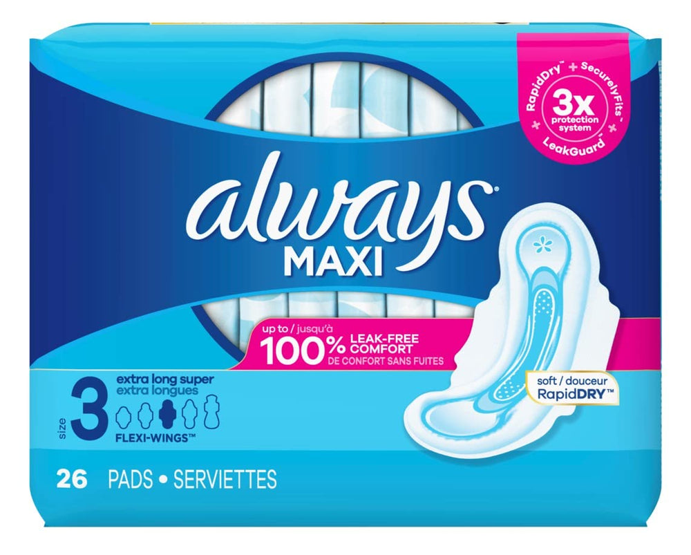 Always Maxi Extra-Long Pack shows extended coverage for overnight protection