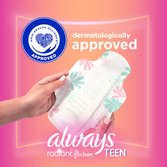 Always Radiant Teen Pads unscented packaging indicating fragrance-free option.