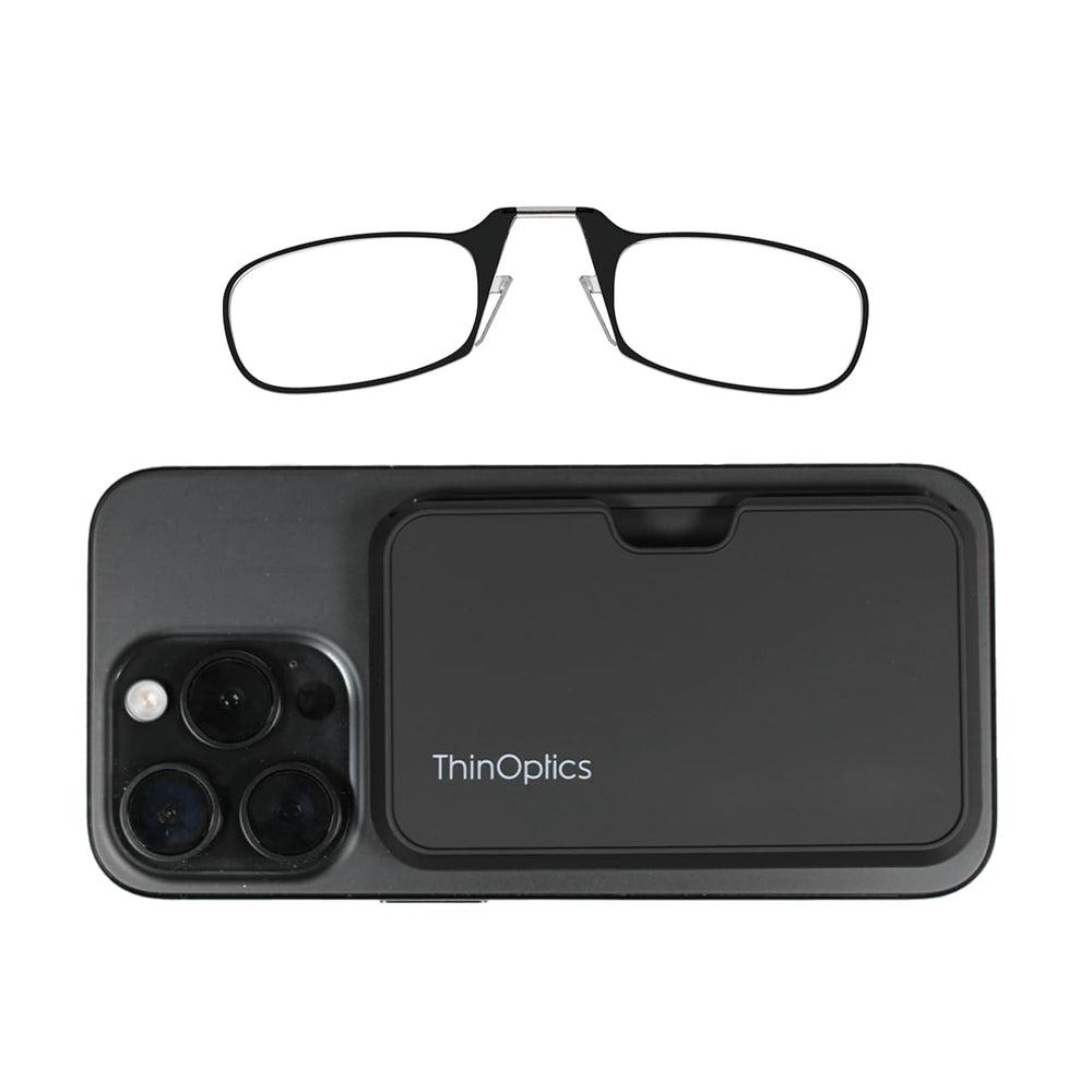 Always With You ThinOptics readers with pod case attached to phone for portable reading aid.
