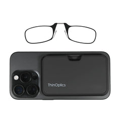 Always With You ThinOptics readers with pod case attached to phone for portable reading aid.