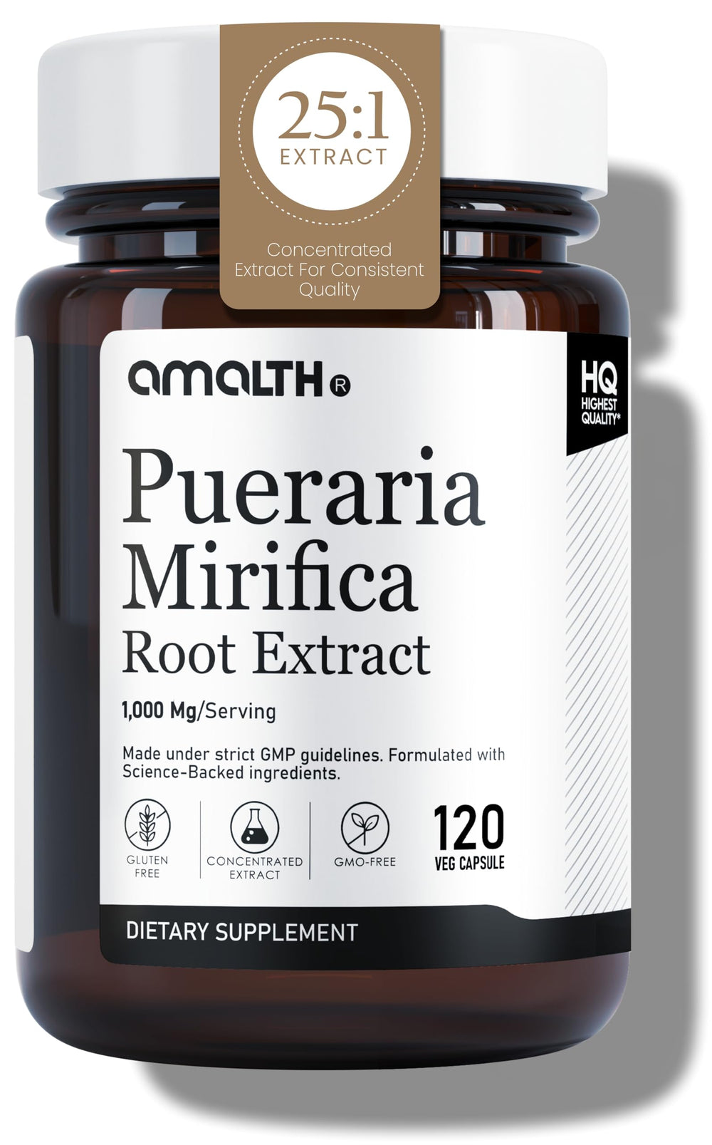 AMALTH Pueraria Mirifica capsules bottle closeup for daily wellness support.