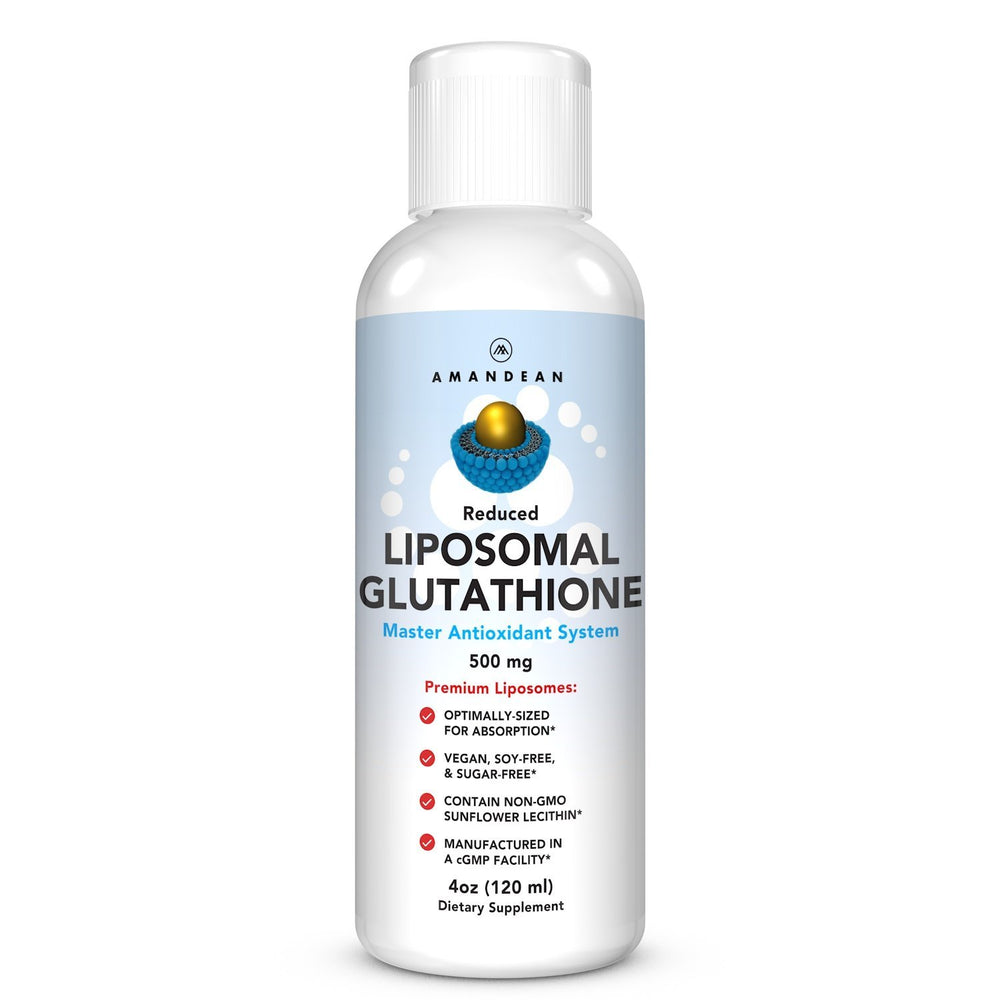 AMANDEAN Liposomal Glutathione bottle highlights enhanced cellular uptake for wellness.