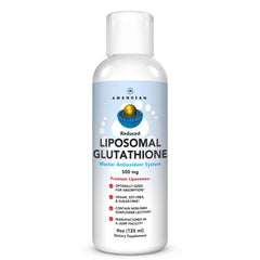 AMANDEAN Liposomal Glutathione bottle highlights enhanced cellular uptake for wellness.