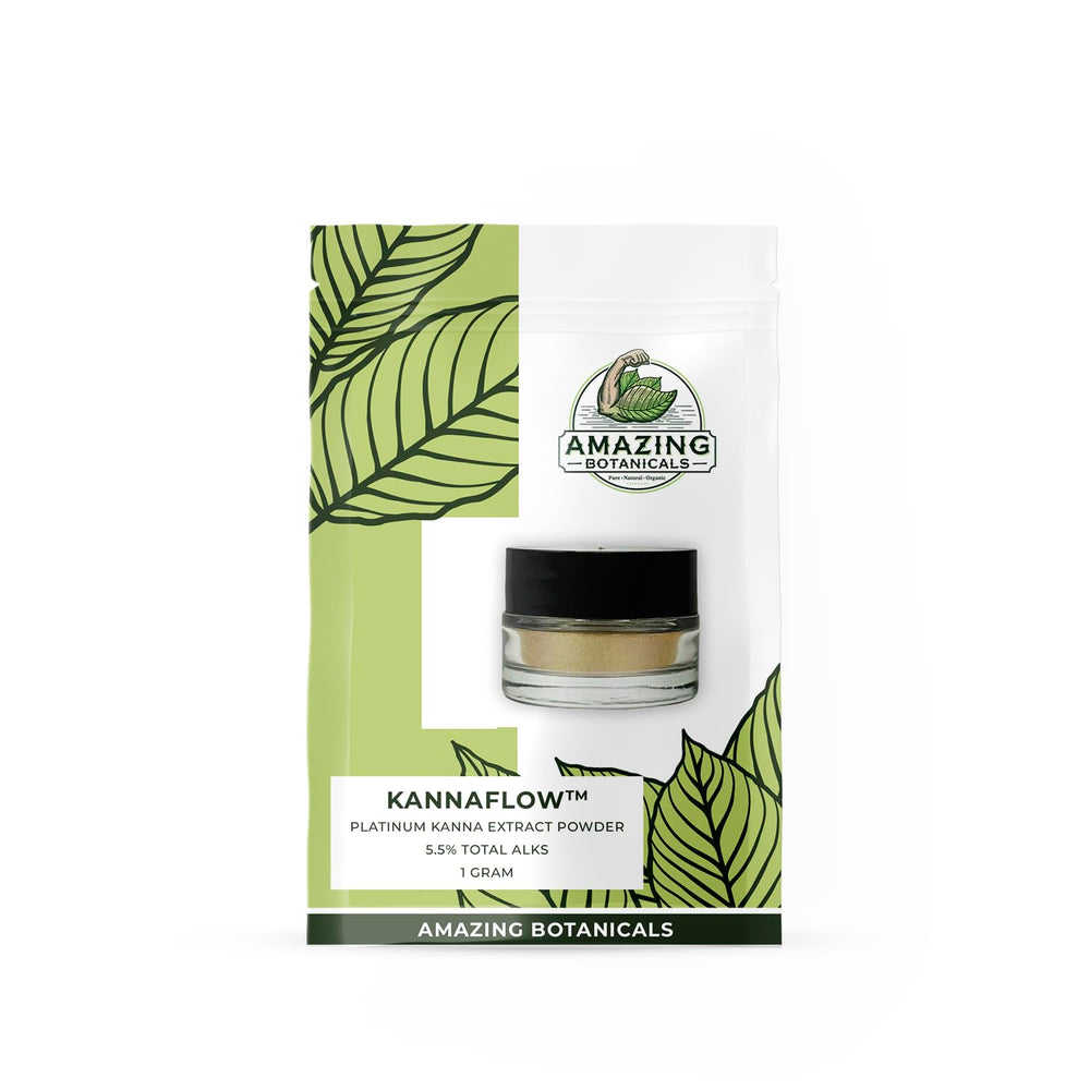 Amazing Botanicals kanna powder bottle pour demonstrates easy dosing and quality