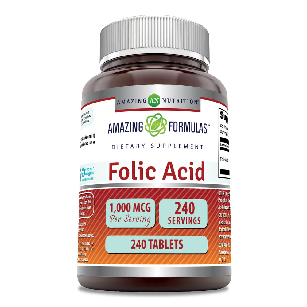 Amazing Formulas ácido fólico 1000 mcg, tableta para uso diario.