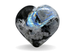 Amazing Gemstone Rainbow Moonstone heart palm stone in hand for meditation and chakra balancing