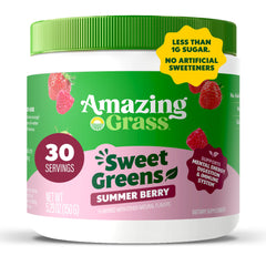 Amazing Grass Sweet Greens Summer Berry tub label with immune-support nutrients