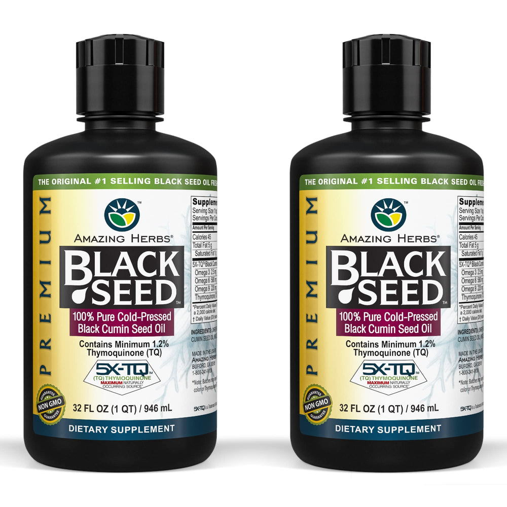 Amazing Herbs Black Seed Oil bottle on a shelf suggesting digestive wellness.