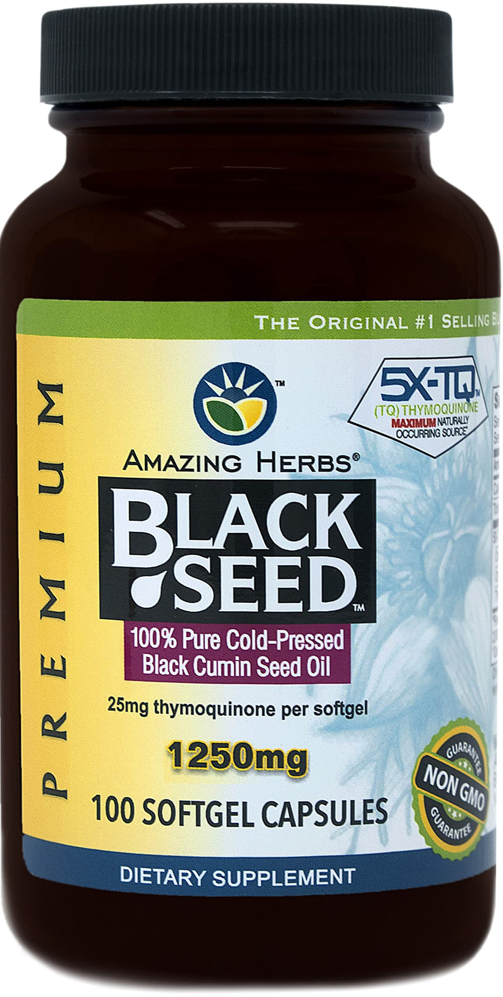 Amazing Herbs Black Seed Oil Pills bottle front shows 1250 mg softgels for daily omega support.