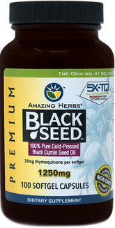 Amazing Herbs Black Seed Oil Pills bottle front shows 1250 mg softgels for daily omega support.