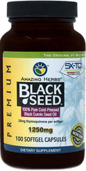 Amazing Herbs Black Seed Oil Pills bottle front shows 1250 mg softgels for daily omega support.