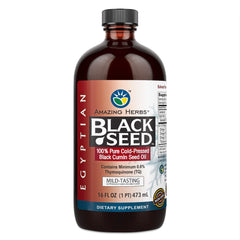 Amazing Herbs Egyptian Black Seed Oil bottle pour shows mild flavor for daily use