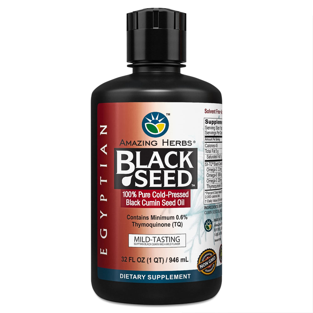 Amazing Herbs Egyptian Black Seed Oil front bottle shows a mild flavor option for daily use.