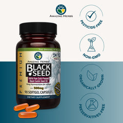 Nigella sativa seeds close-up on Amazing Herbs packaging supports wellness.