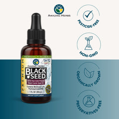 Amazing Herbs Premium Black Seed Oil dropper pour demonstrates easy dosage for meals