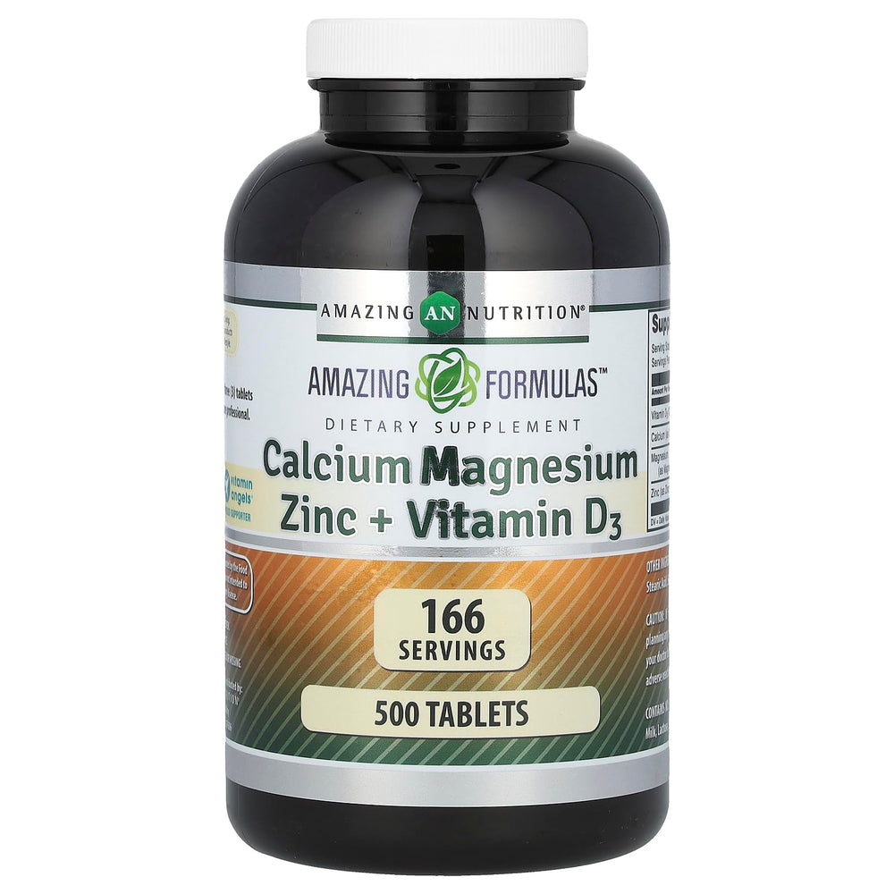 Amazing Nutrition Amazing Formulas bottle front view highlighting calcium, magnesium, zinc for bone support.