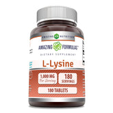 Amazing Formulas L-Lysine tablet close-up showing 1000 mg potency for daily support