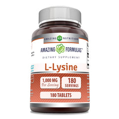 Amazing Formulas L-Lysine tablet close-up showing 1000 mg potency for daily support